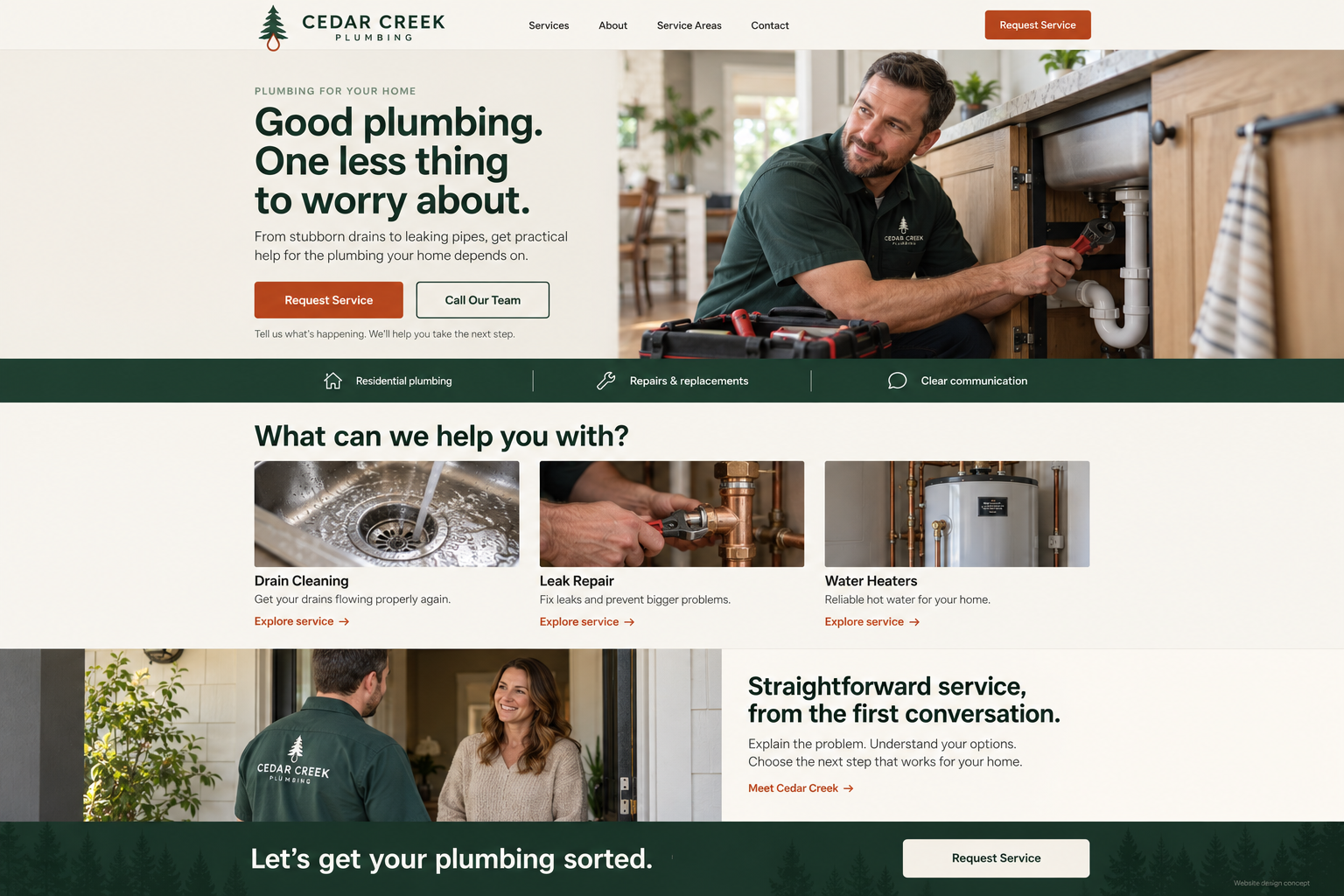 Plumbing website design concept: homepage with clear service cards for drain cleaning, leak repair and water heaters, and prominent Request Service and Call buttons