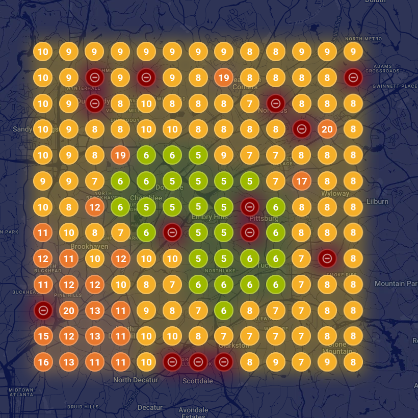 Map grid for a plumbing client before local SEO work: strong rankings near the business location, weaker rankings toward the edges of the service area