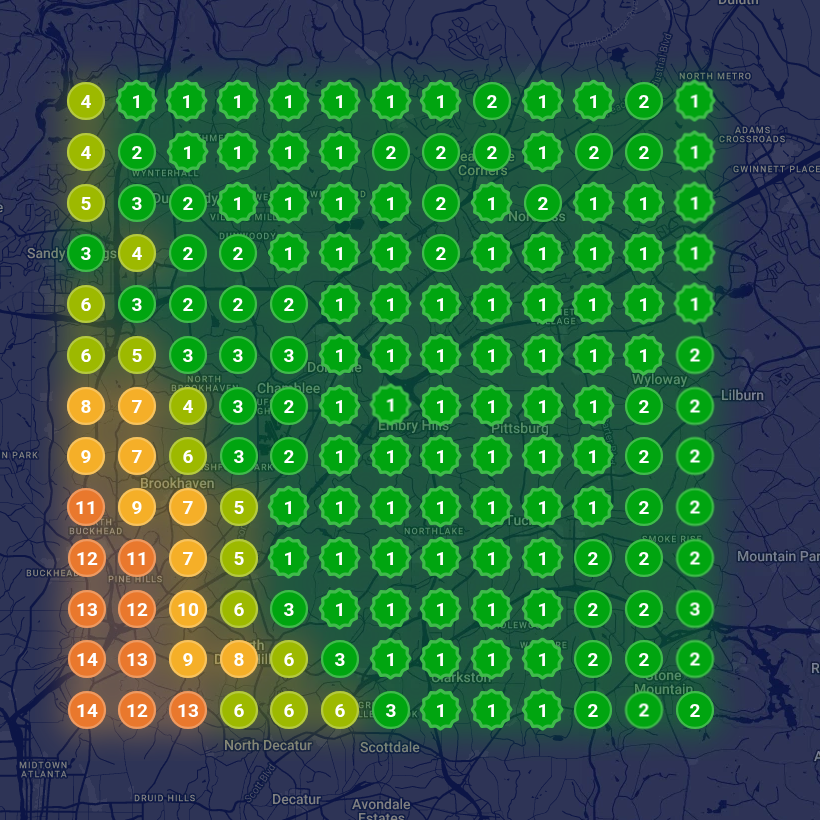 Map grid after for the same search: mostly green number 1 and 2 pins across the service area