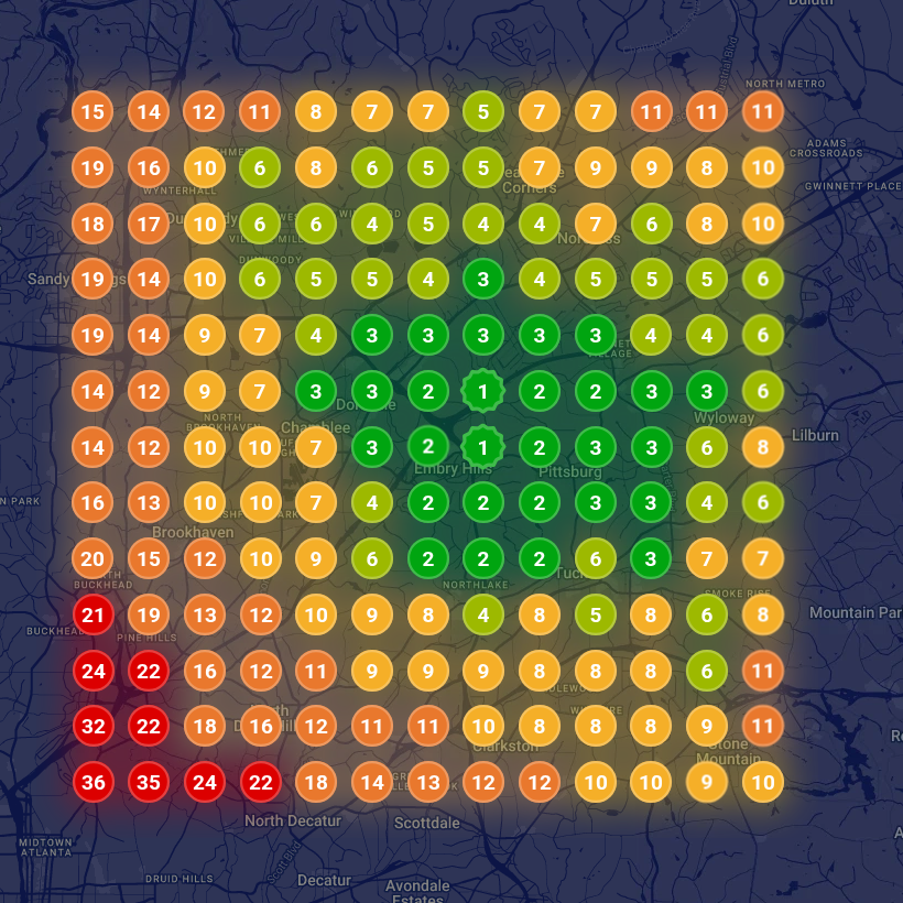 Map grid before for a tankless water heater search: green pins only near the business, ranks 10 to 36 toward the edges