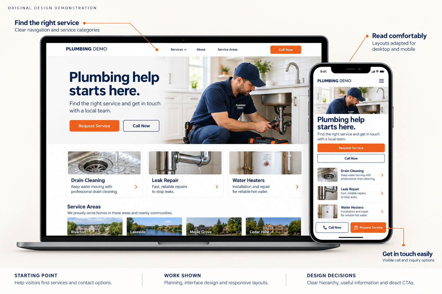 Original design demonstration of a plumbing website on laptop and phone, annotated: find the right service, read comfortably, get in touch easily