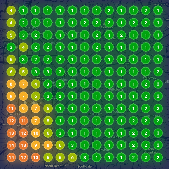 Map grid after: mostly green pins ranking 1 to 3 across the service area