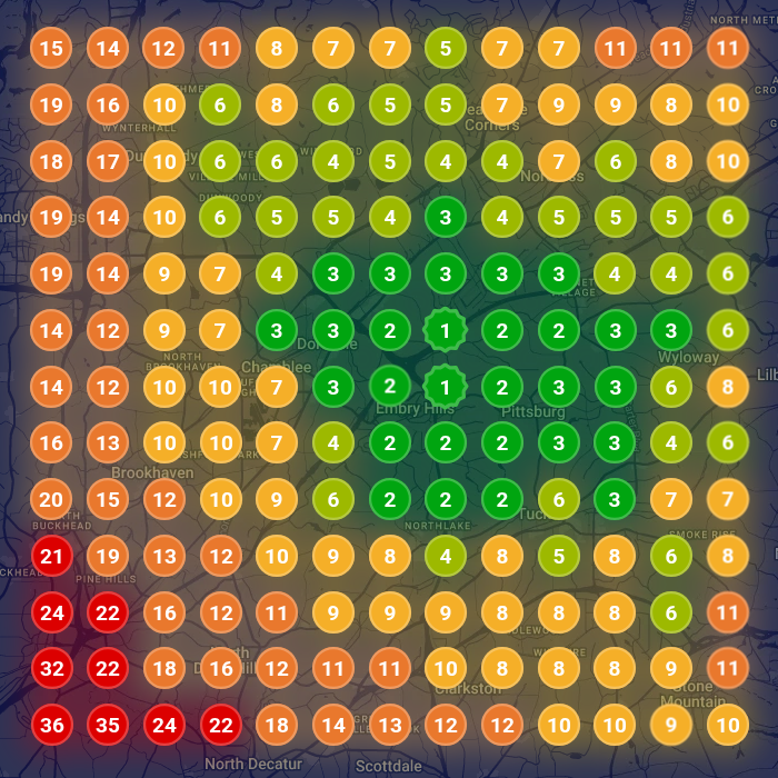 Map grid before: mostly yellow and orange pins, ranks up to 18 across the service area