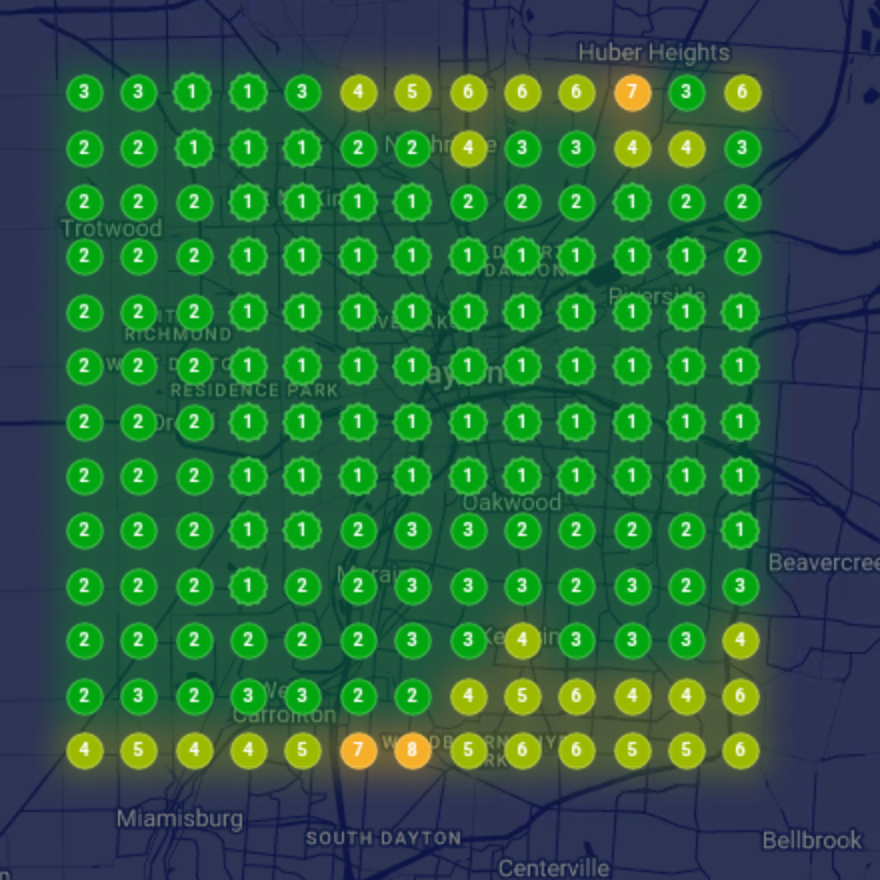 Map grid after: mostly green pins ranking 1 to 3 across the service area
