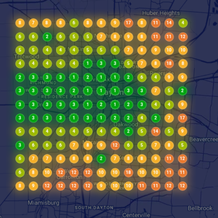 Map grid before: weaker rankings toward the edges of the service area