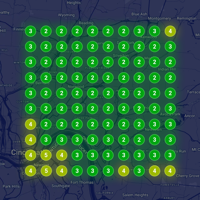 Map pack grid after the work for the same search: mostly green top-3 pins
