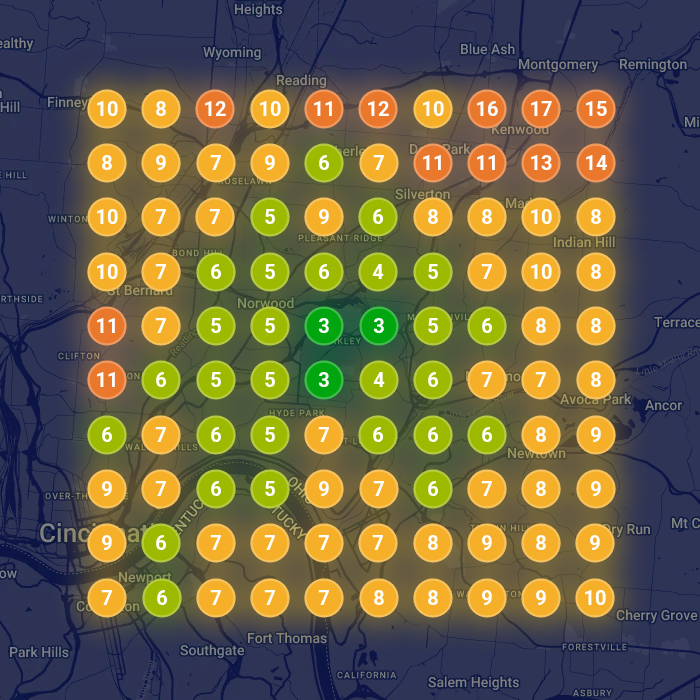 Map pack grid before the work: strong rankings near the business, weaker toward the edges